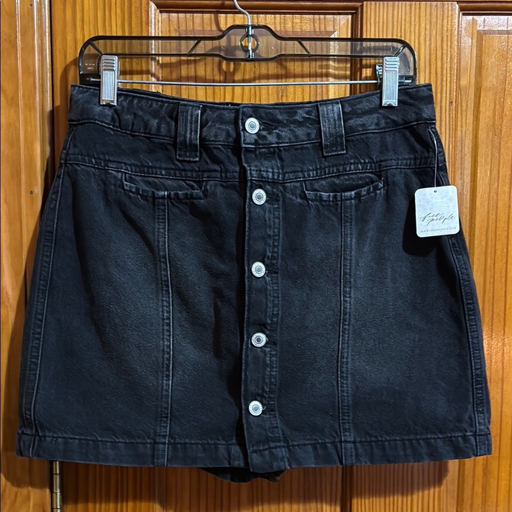Free People Silver Button Down Black Mini Skirt With Hidden Short.